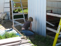 Hilary working on the front of the shed